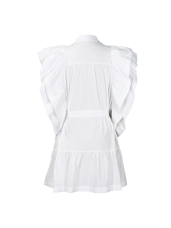 Olivia Bennet | A-Line High Waisted Buttoned Pleated Ruffled Solid Color Tied Waist Lapel Mini Dresses