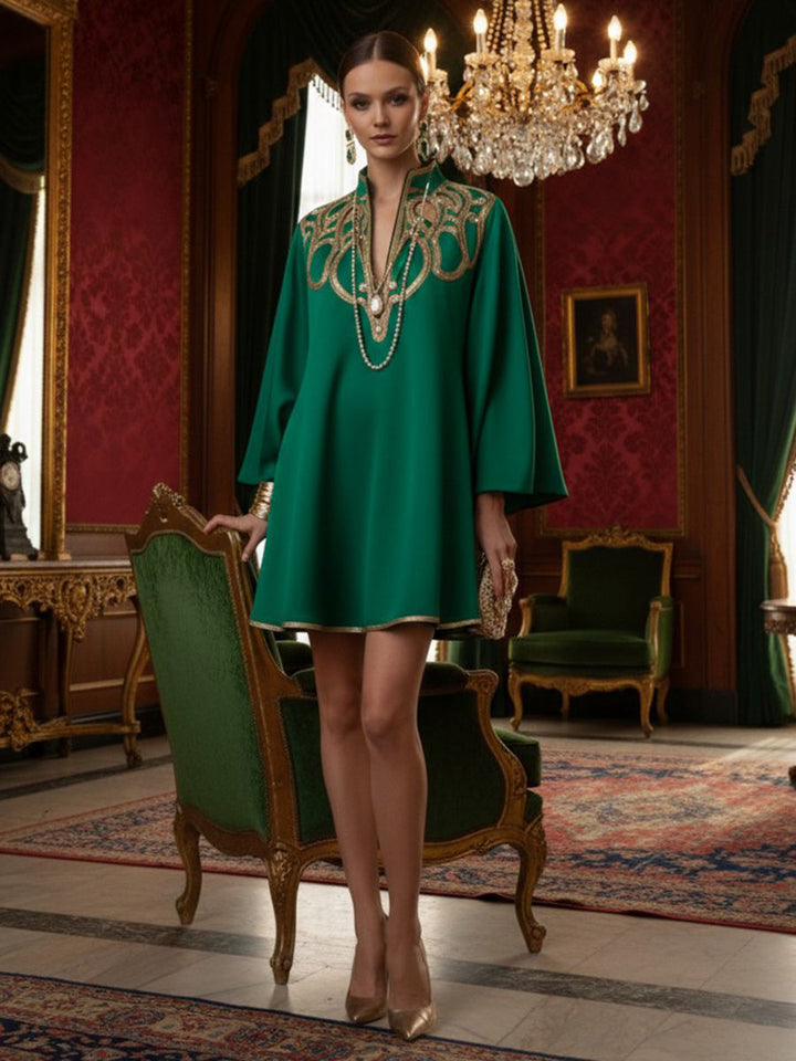 Olivia Bennet | A-Line Long Sleeves Contrast Color Printed Split-Joint Stand Collar Mini Dresses
