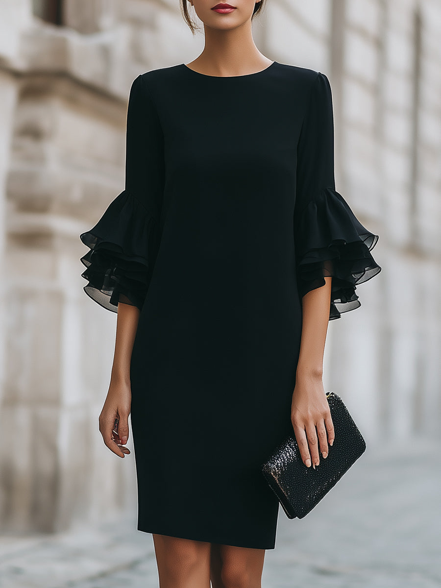 Olivia Bennet | Black Dress With Ruffled Sheer Sleeves