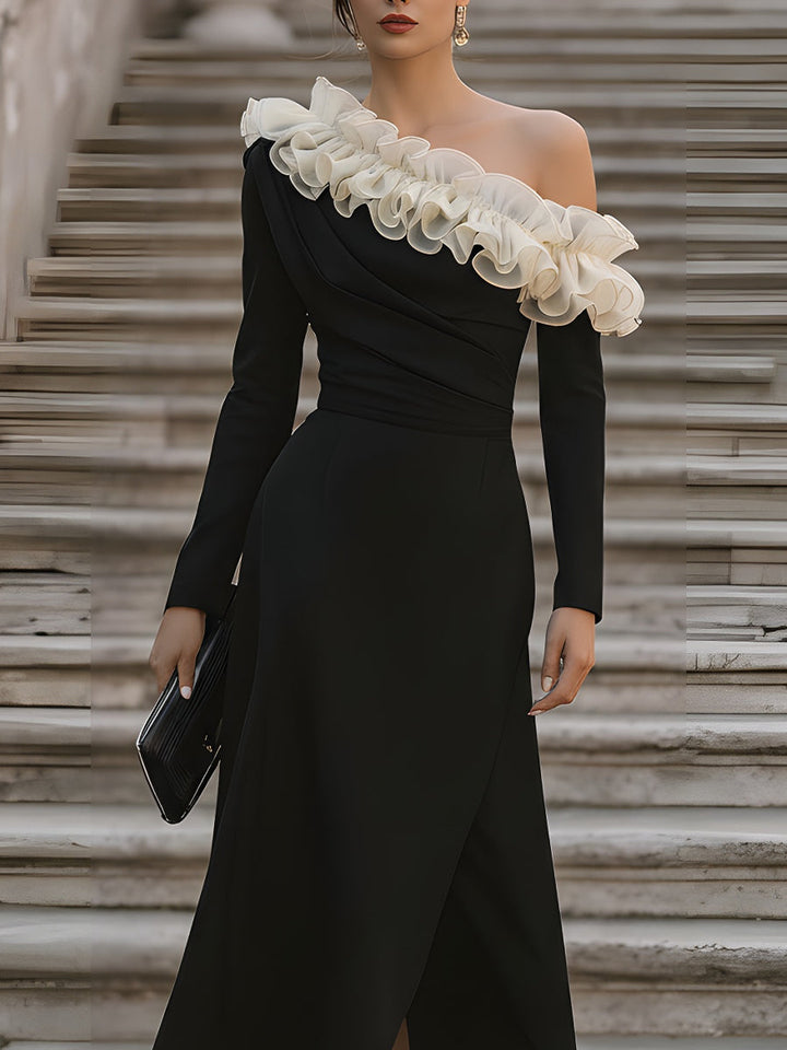 Olivia Bennet | Ivory Asymmetric Ruffled Off-Shoulder Chiffon Midi Dress