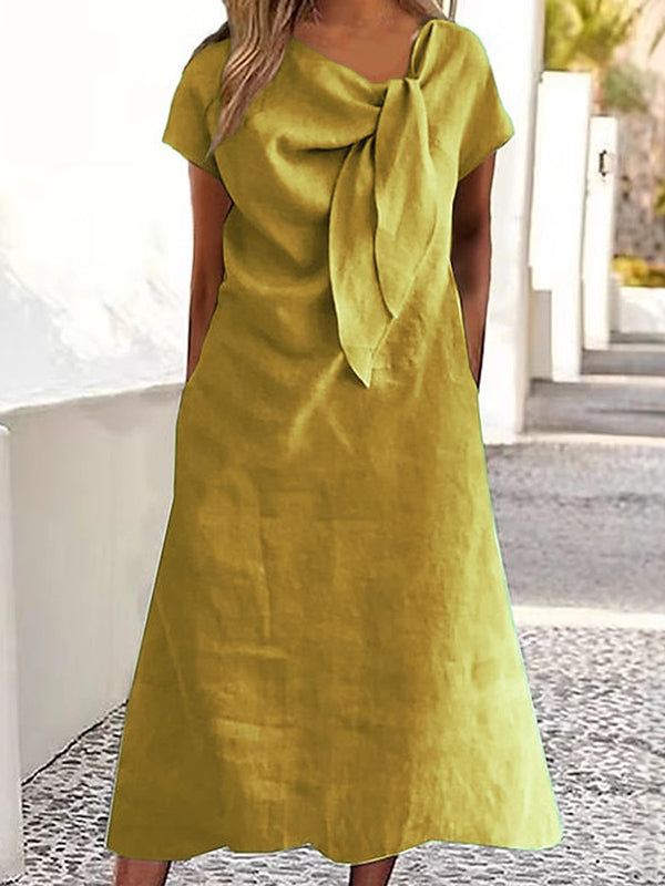 Olivia Bennet | Loose Raglan Sleeve Asymmetric Solid Color Split-Joint Round-Neck Midi Dresses