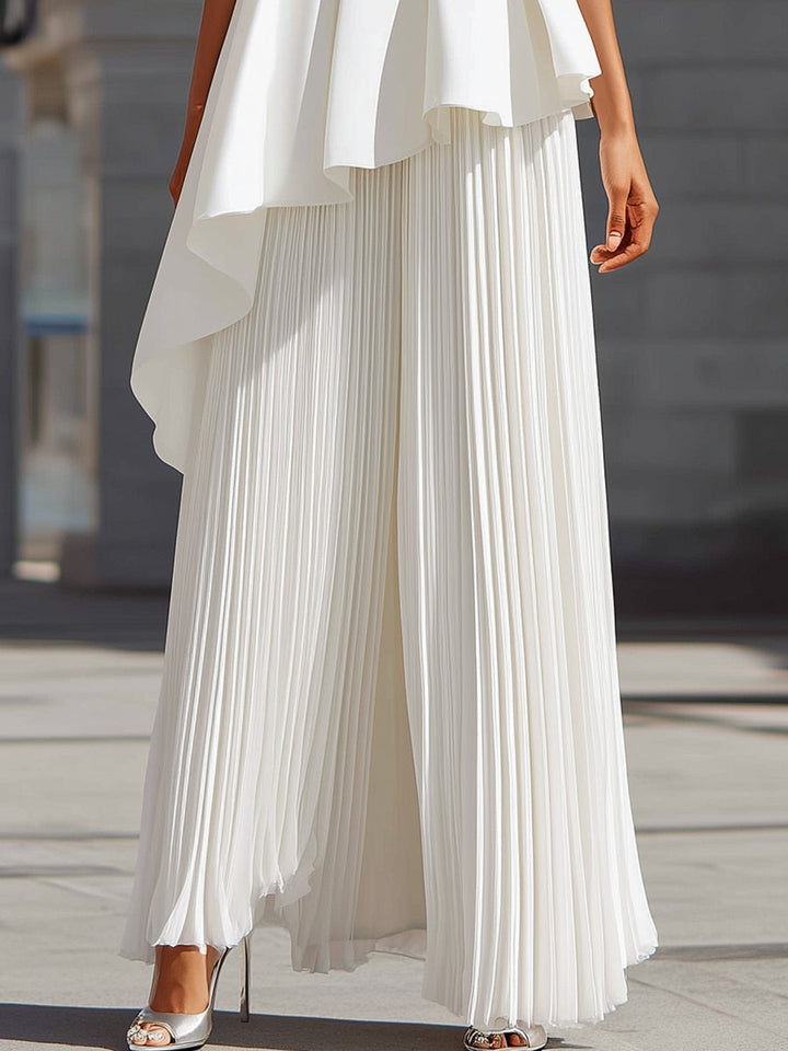 Olivia Bennet | White Sculpted Asymmetric Pleated Maxi Gown
