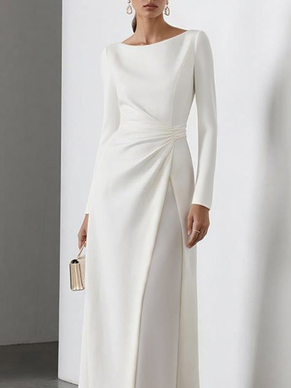 Olivia Bennet | High Waisted Long Sleeves Gauze Pleated Solid Color Split-Joint Round-Neck Maxi Dresses