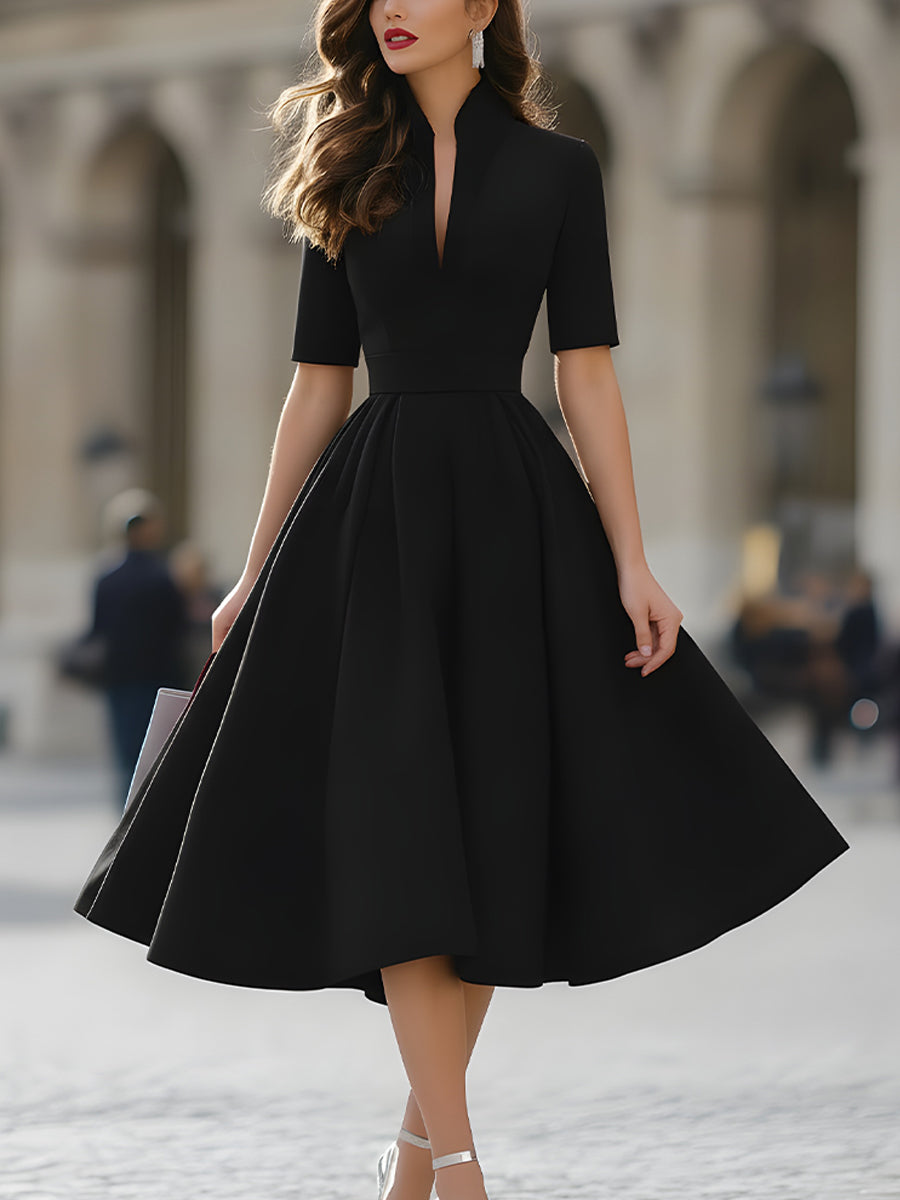 Olivia Bennet | Elegant V-Neck Tailored A-Line Midi Dress
