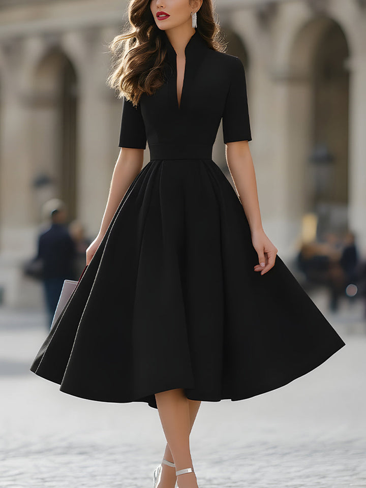 Olivia Bennet | Elegant V-Neck Tailored A-Line Midi Dress
