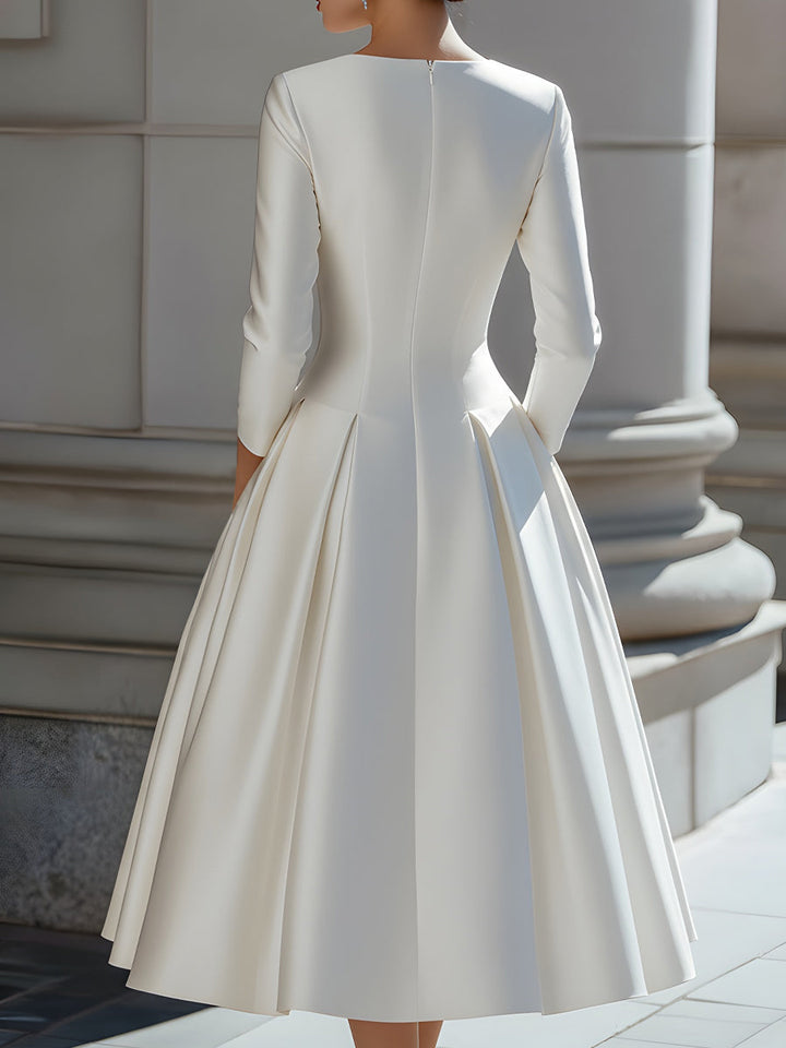 Olivia Bennet | V-Neck Pleated A-Line Satin Midi Dress
