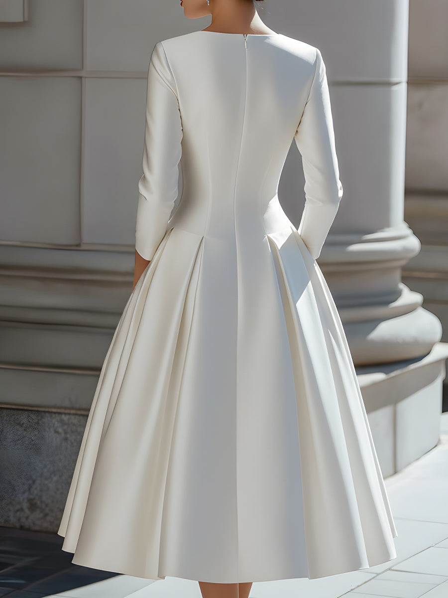 Olivia Bennet | Elegant Satin V-Neck Pleated A-Line Midi Dress