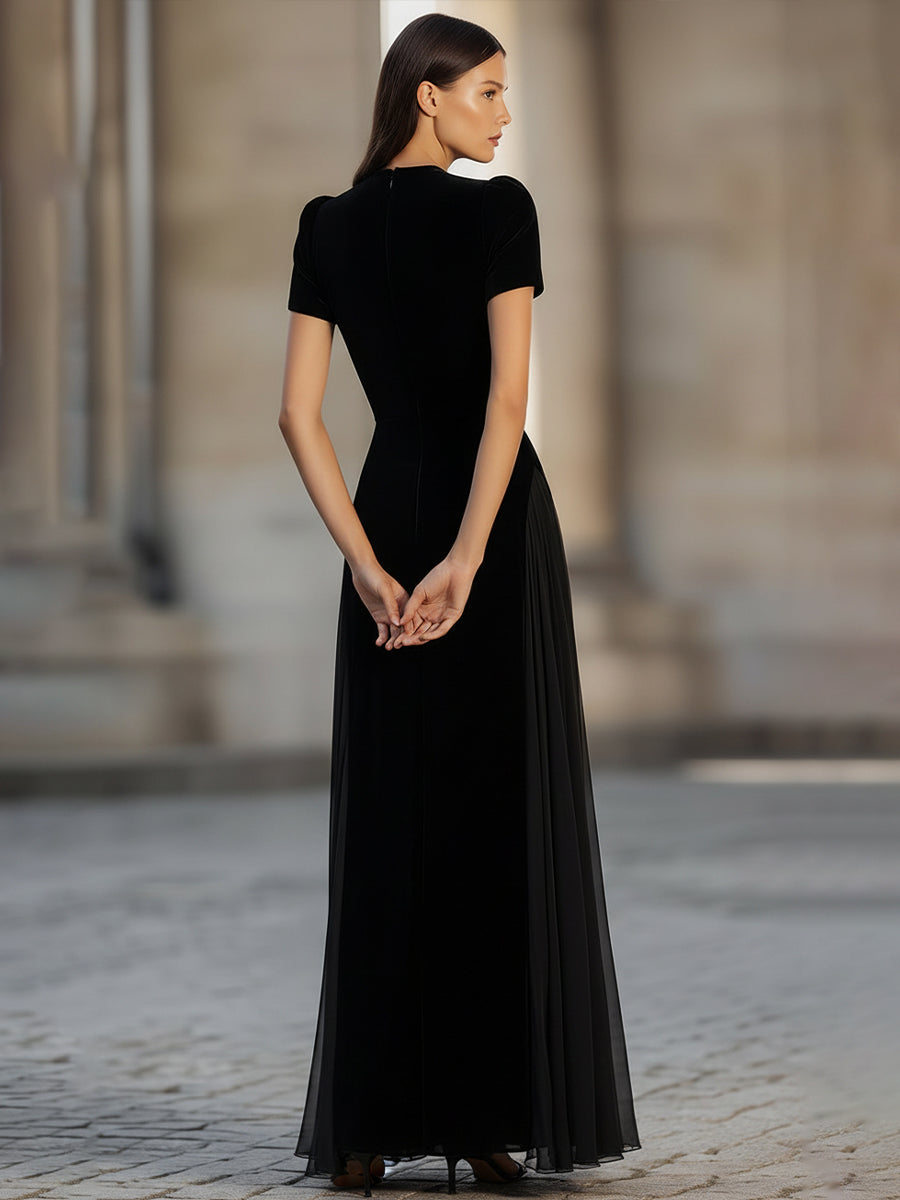Olivia Bennet | Short Sleeve Floor-Length Dress With Sheer Flowing Skirt