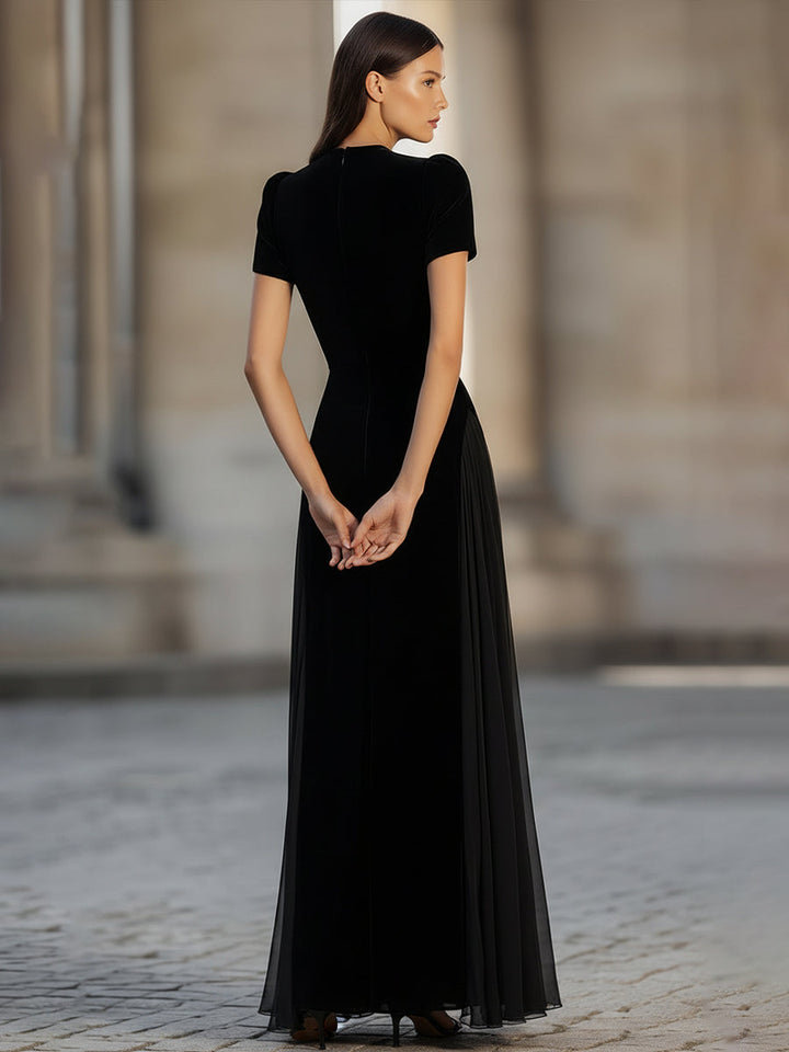 Olivia Bennet | Short Sleeve Floor-Length Dress With Sheer Flowing Skirt