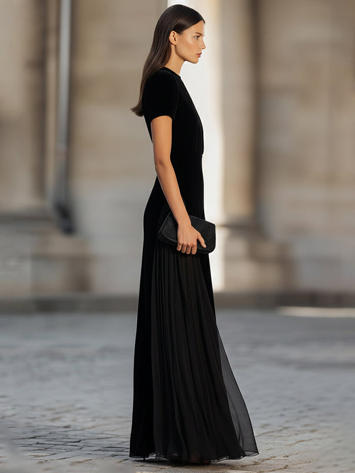 Olivia Bennet | Short Sleeve Floor-Length Dress With Sheer Flowing Skirt