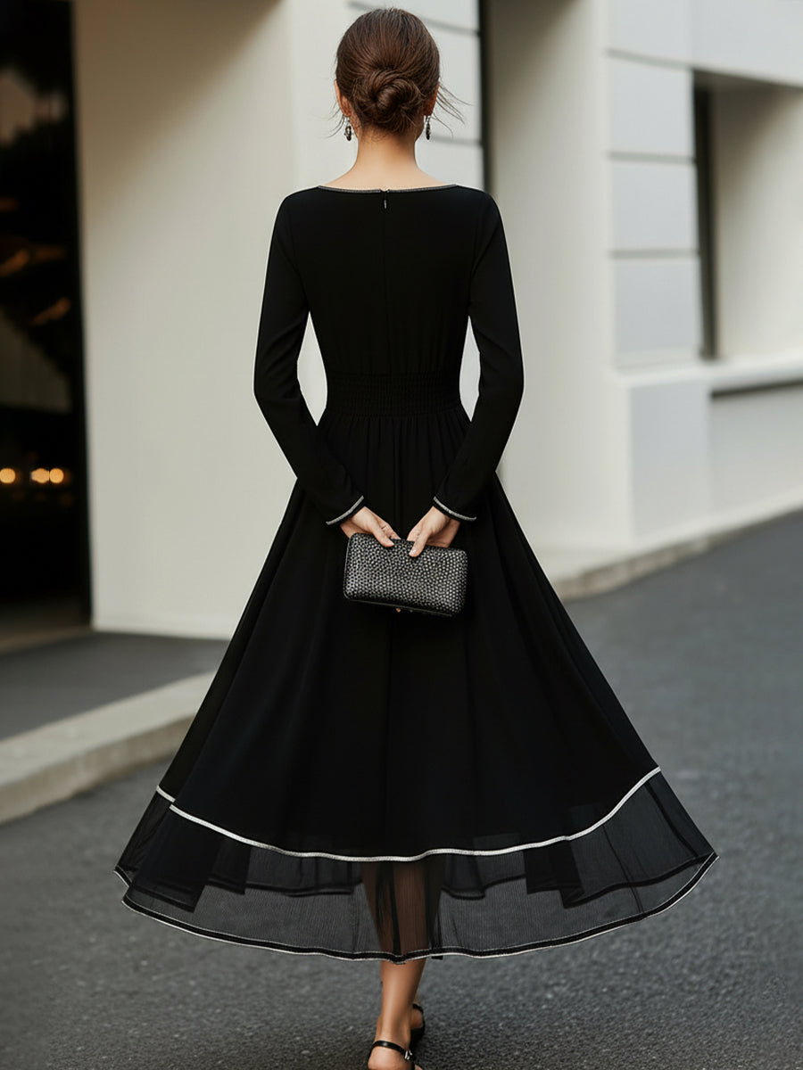 Olivia Bennet | Long Sleeve Contrast Trim Midi Dress With Flared Skirt