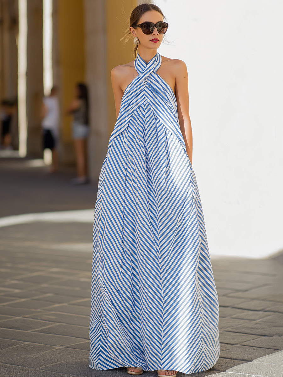 Olivia Bennet | Nautical Stripe Halter Neck Maxi Dress