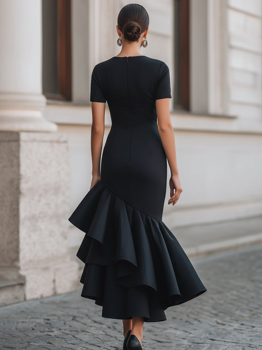Olivia Bennet | Asymmetrical Ruffle Hem Tailored Midi Dress