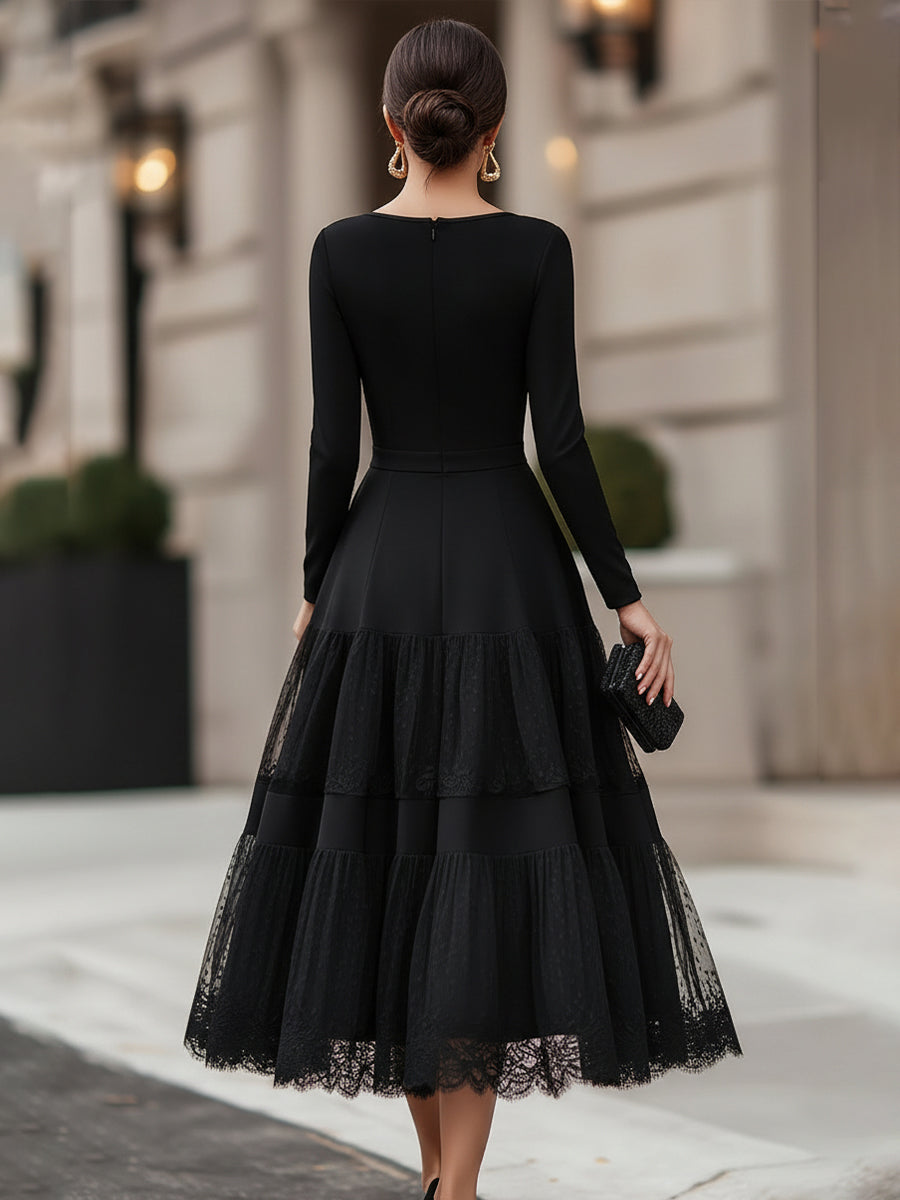 Olivia Bennet | Long Sleeve Tiered Lace Hem Maxi Dress