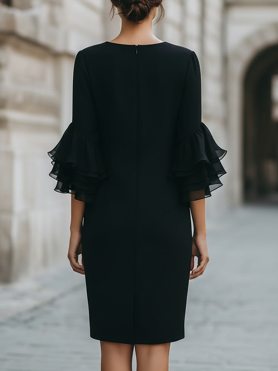 Olivia Bennet | Black Dress With Ruffled Sheer Sleeves