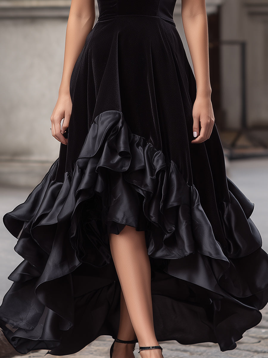 Olivia Bennet | Midnight High-Low Layered Ruffled-Hem Velvet Gown