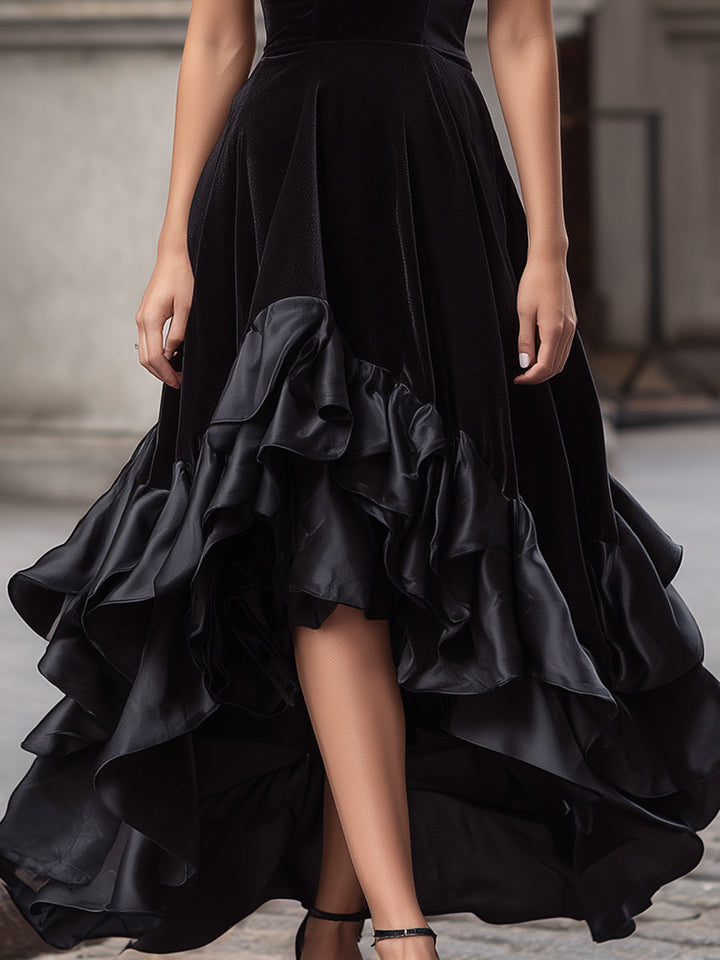 Olivia Bennet | Midnight High-Low Layered Ruffled-Hem Velvet Gown