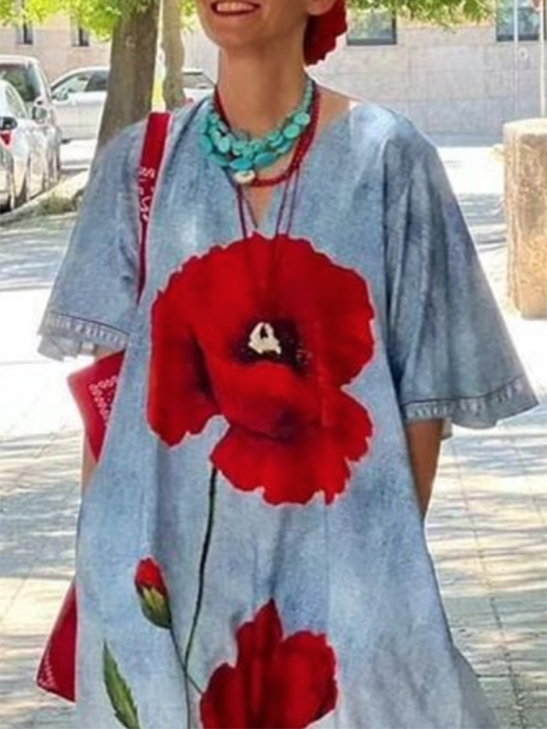 Olivia Bennet | Half Sleeves Loose Flower Print V-Neck Maxi Dresses