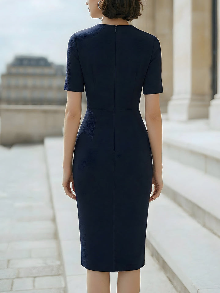 Olivia Bennet | Elegant Pearl Neckline Button Detail Bodycon Midi Sheath Dress