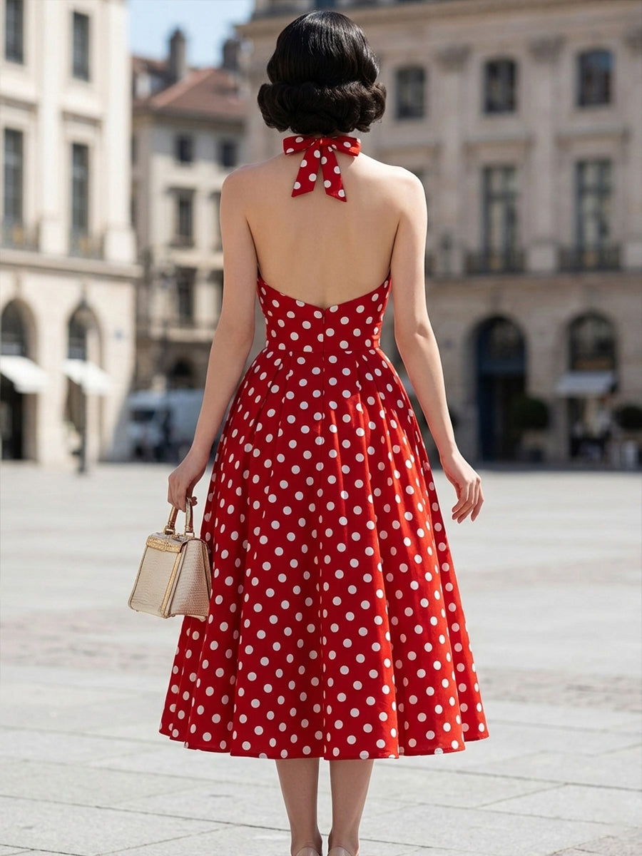 Olivia Bennet | Halter V-Neck Polka Dot A-Line Midi Dress
