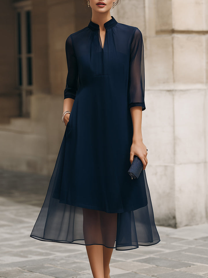 Olivia Bennet | Mandarin Collar Sheer Overlay Midi Dress