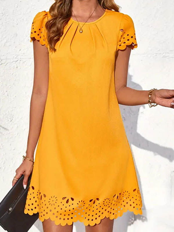 Olivia Bennet | Loose Short Sleeves Hollow Pleated Solid Color Split-Joint Round-Neck Mini Dresses