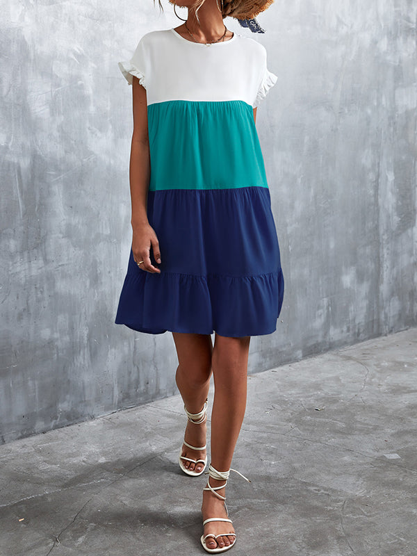 Olivia Bennet | Loose Ruffle Sleeves Contrast Color Falbala Pleated Split-Joint Round-Neck Mini Dresses