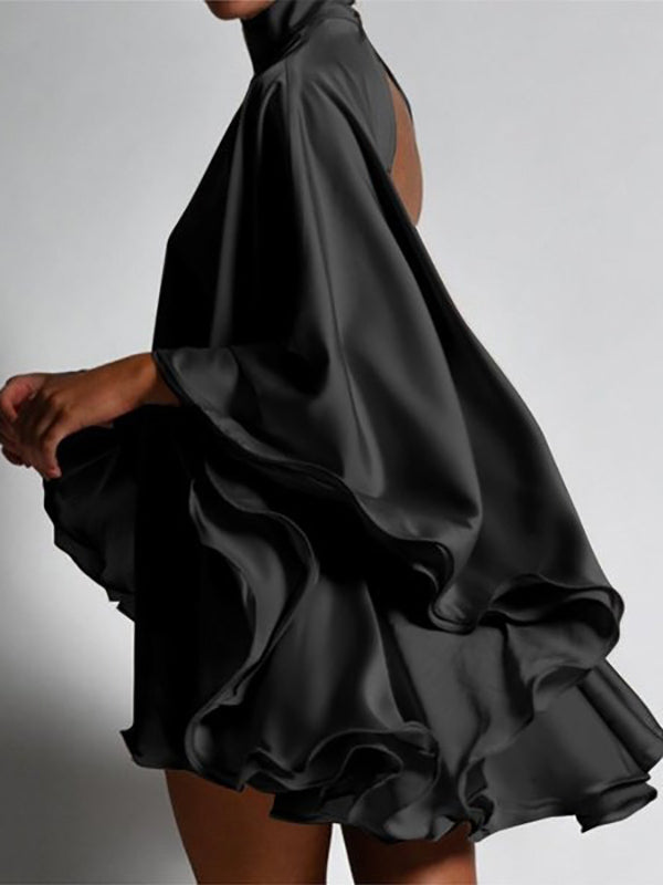 Olivia Bennet | Solid Color High-Neck Backless Flared Sleeves Mini Dress