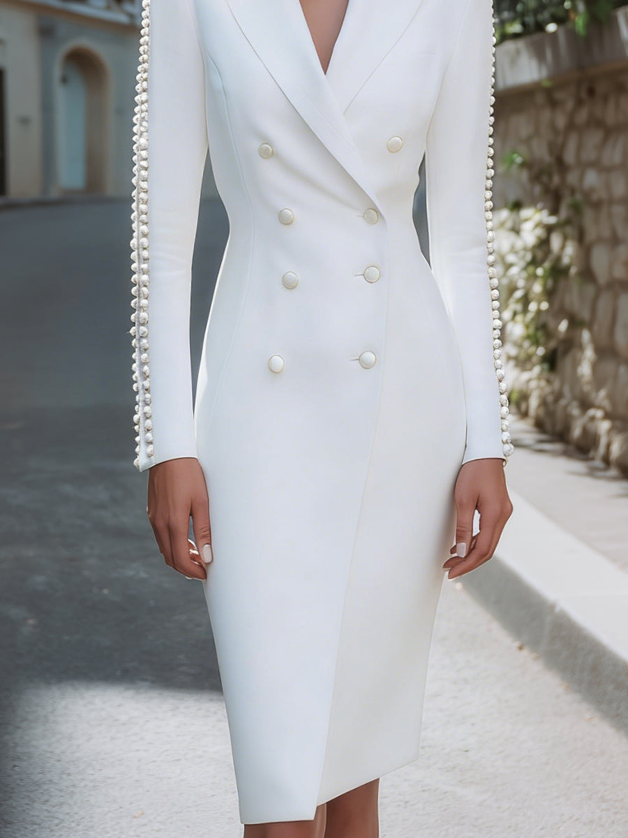 Olivia Bennet | Double-Breasted Pearl-Trim Blazer Dress