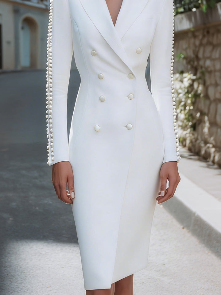 Olivia Bennet | Double-Breasted Pearl-Trim Blazer Dress