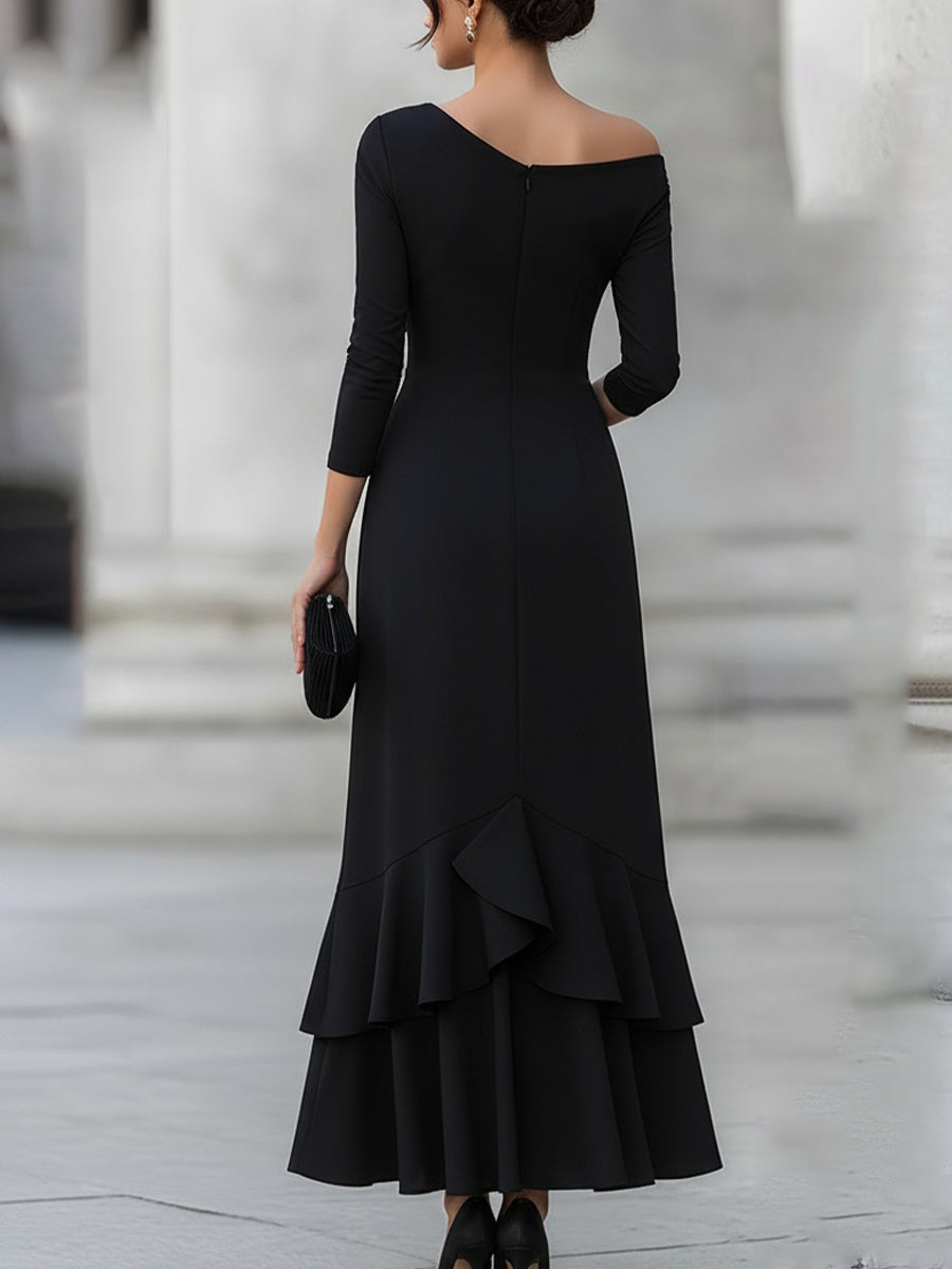 Olivia Bennet | One-Shoulder Ruched Asymmetric Ruffle Hem Maxi Dress
