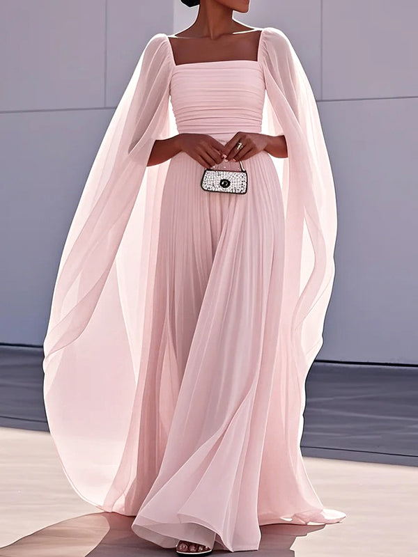 Olivia Bennet | Cape Gauze Pleated Split-Joint Square-Neck Evening Dresses Maxi Dresses