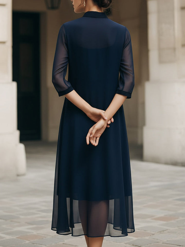 Olivia Bennet | Mandarin Collar Sheer Overlay Midi Dress
