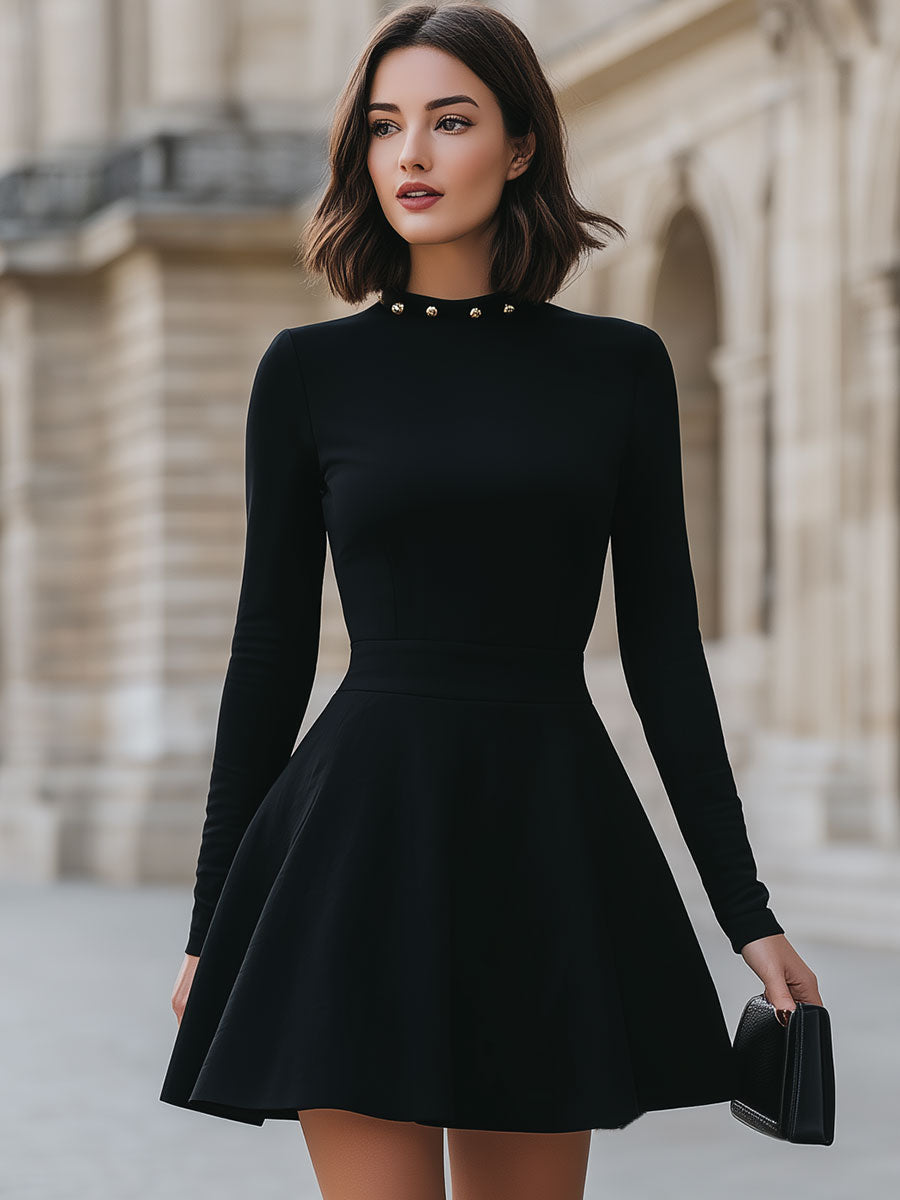 Olivia Bennet | Black Studded Neckline Satin Dress