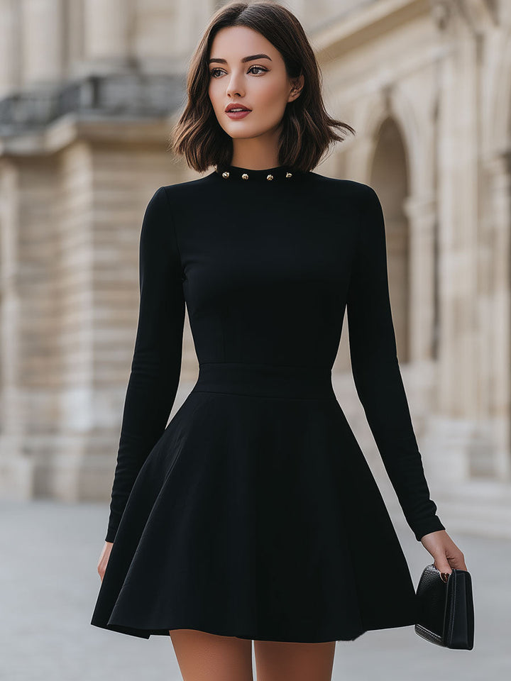 Olivia Bennet | Black Studded Neckline Satin Dress