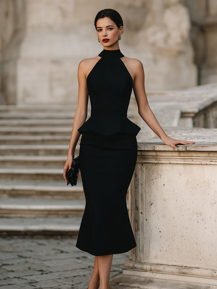 Olivia Bennet | Black Halter-Neck Peplum-Waist Crepe Midi Dress