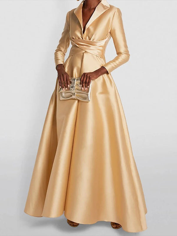 Olivia Bennet | A-Line High Waisted Pleated Solid Color V-Neck Maxi Dresses