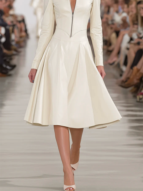 Olivia Bennet | Long Sleeves Skinny Soft Zipper Lapel Midi Dresses