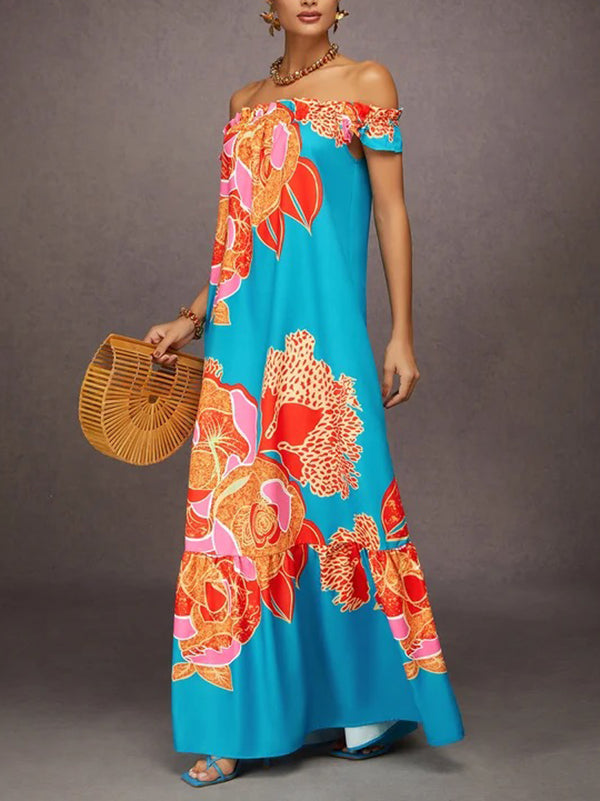 Olivia Bennet | A-Line Loose Elasticity Flower Print Pleated Split-Joint Off-The-Shoulder Maxi Dresses