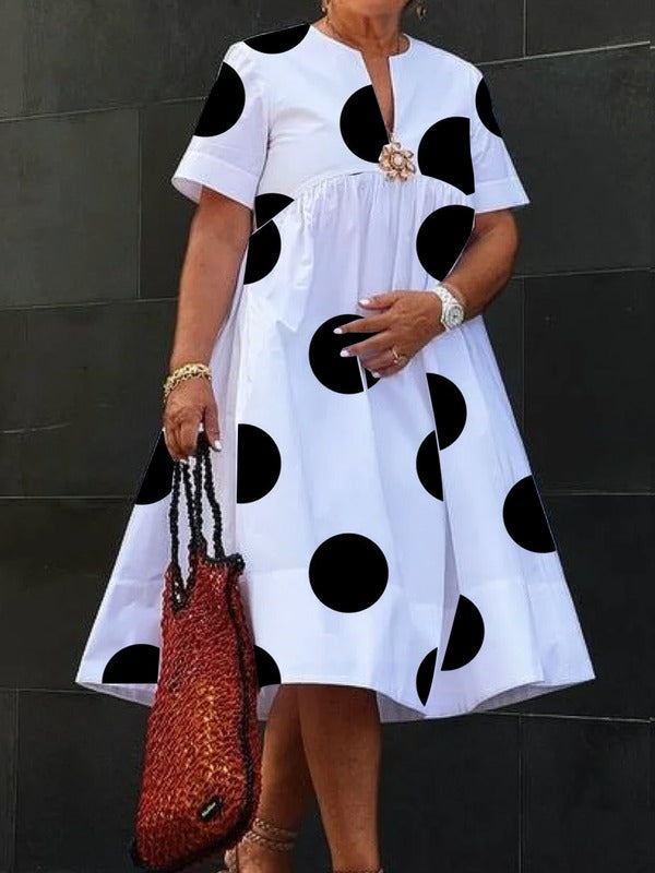 Olivia Bennet | A-Line Short Sleeves Pleated Polka-Dot Printed Split-Joint Round-Neck Midi Dresses