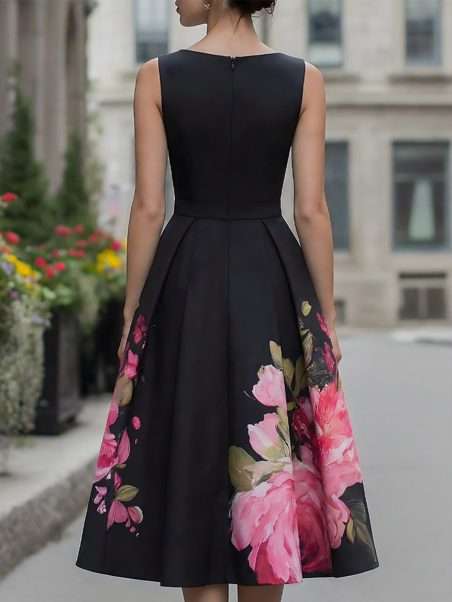 Olivia Bennet | Elegant Sleeveless Midi Dress With Floral Printed Skirt