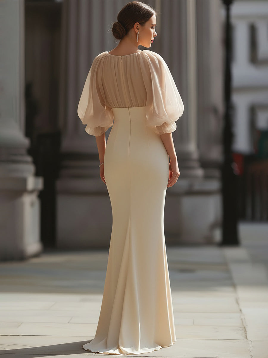Olivia Bennet | Gathered Sheer Sleeve Mermaid Evening Dress