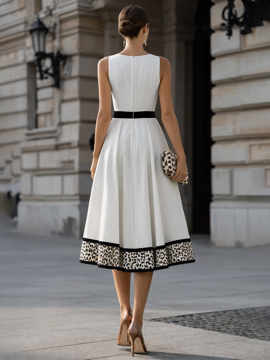 Olivia Bennet | Contrast Waist Leopard Hem A-Line Midi Dress