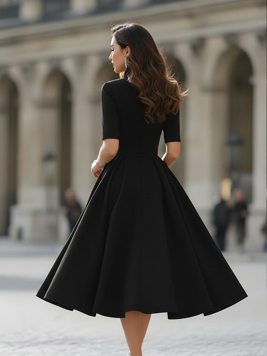 Olivia Bennet | Elegant V-Neck Tailored A-Line Midi Dress
