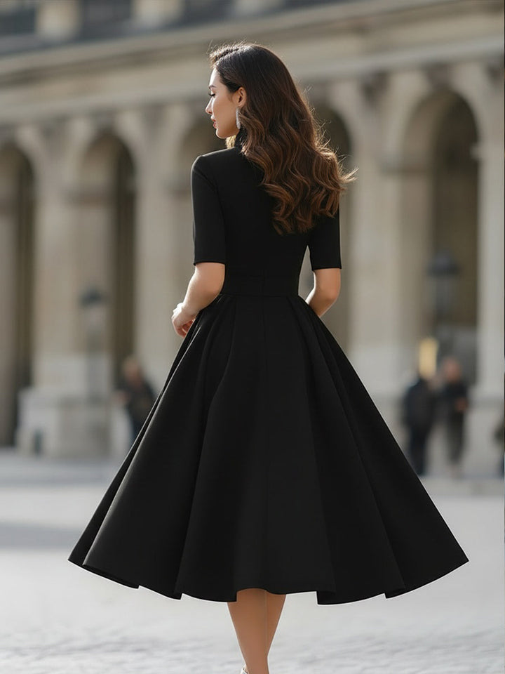 Olivia Bennet | Elegant V-Neck Tailored A-Line Midi Dress