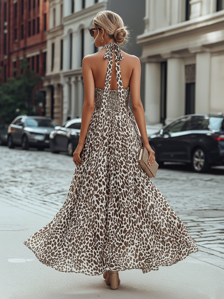 Olivia Bennet | Leopard Print Halter Neck Flowing Maxi Dress