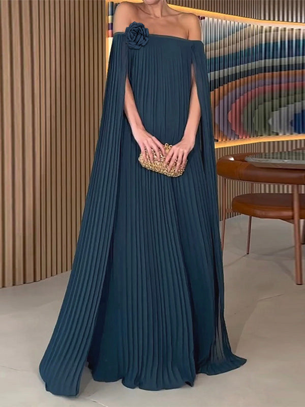 Olivia Bennet | Loose Gauze Pleated Solid Color Tiered Off-The-Shoulder Evening Dresses Maxi Dresses