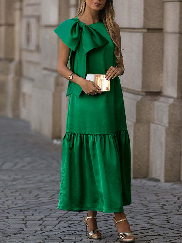 Olivia Bennet | Sleeveless Bowknot Pleated Split-Joint Round-Neck Maxi Dresses