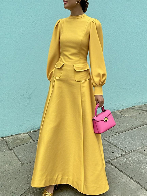 Olivia Bennet | A-Line Long Sleeves Pleated Pockets Solid Color Mock Neck Maxi Dresses