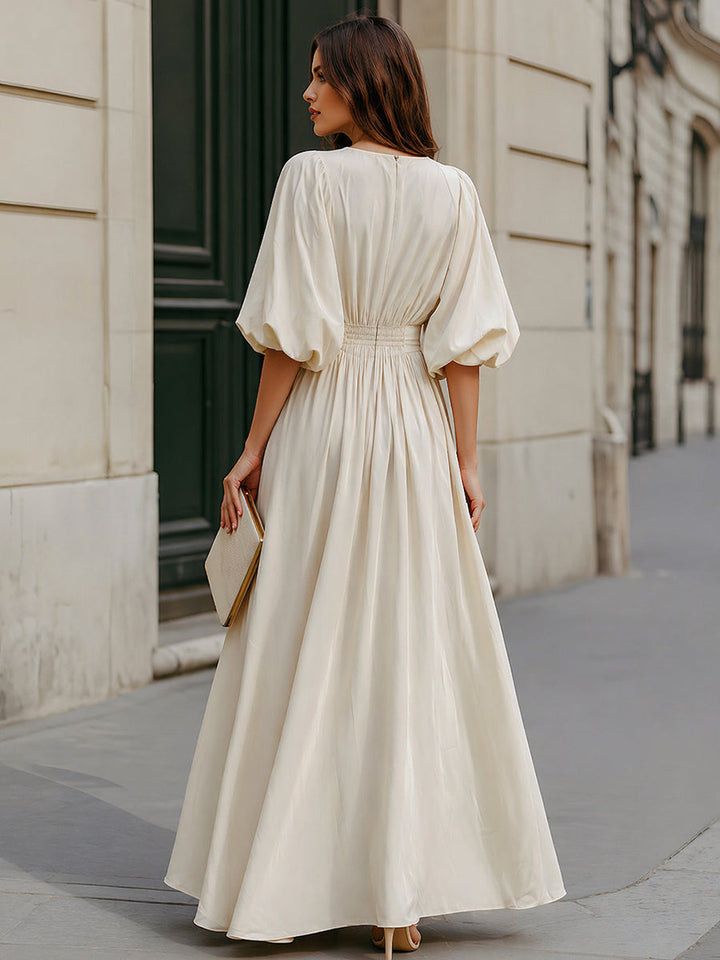 Olivia Bennet | Round Neck Puff Sleeve Gathered Waist Maxi Dress